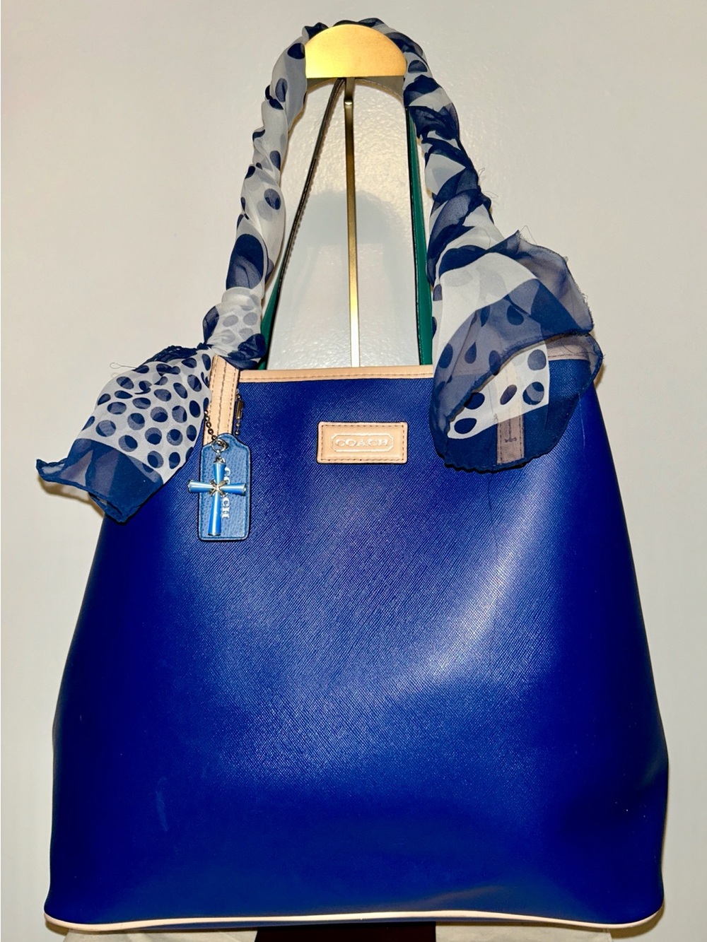 Coach Park Navy Saffiano Leather Tote with Polka Dot Scarf-wrapped Handles - Picture 2 of 14